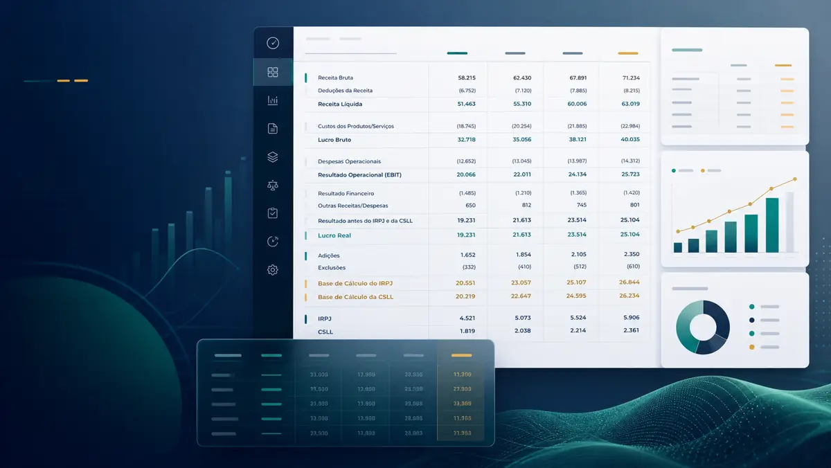 Painel contábil com DRE, lucro real, IRPJ e CSLL