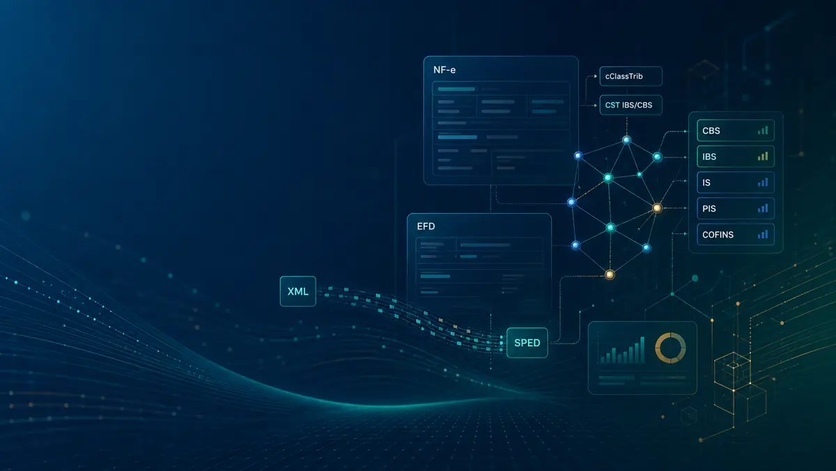 Mapa técnico conectando XML, SPED, IBS, CBS e cClassTrib